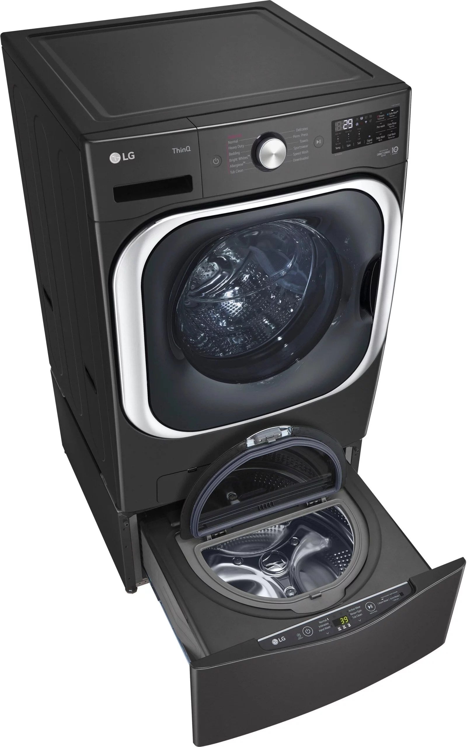 LG – SideKick 1.0 Cu. Ft. High-Efficiency Smart Top Load Pedestal Washer with 3-Motion Technology – Black steel