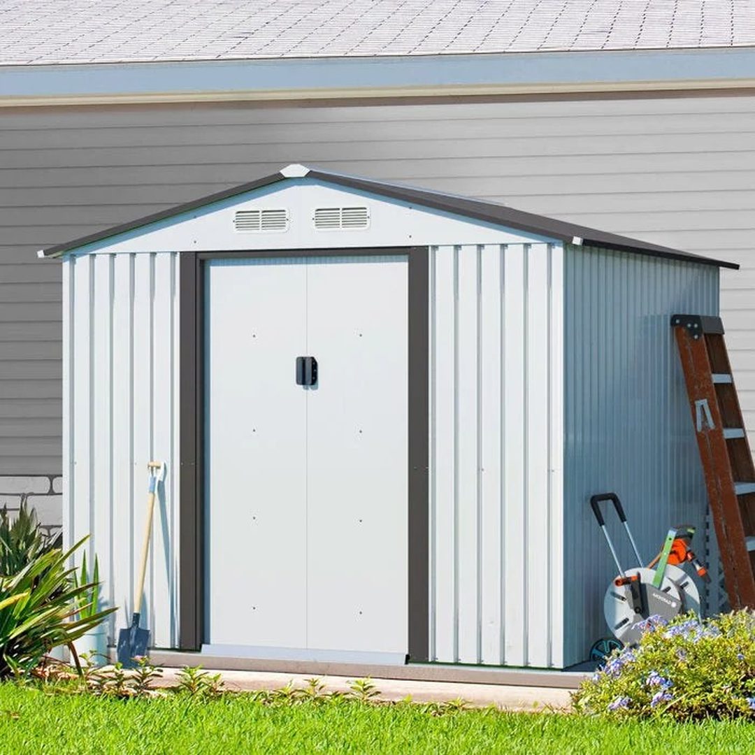 8’ X 8’ Outdoor Gable Steel Storage Shed White & gray